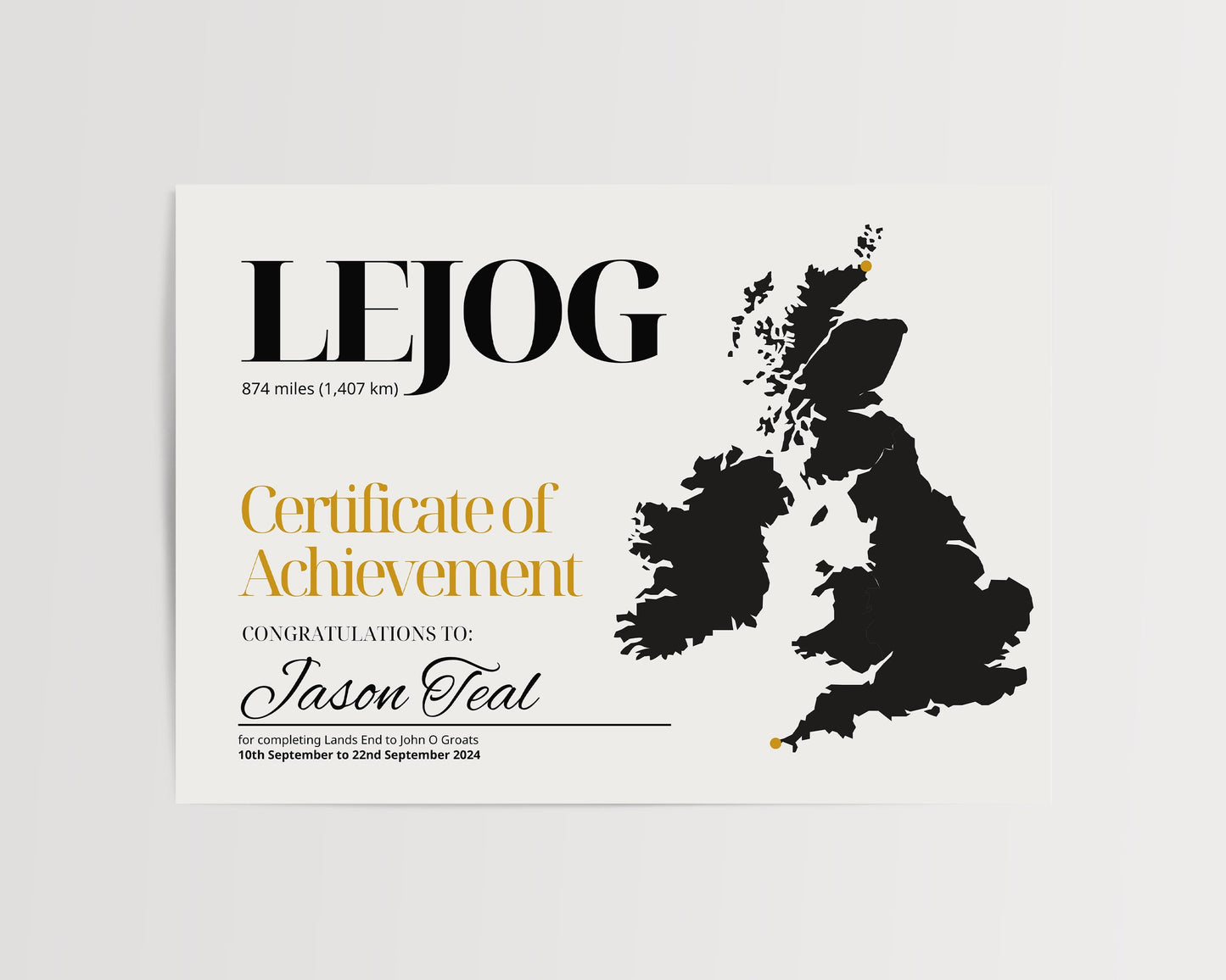 LEJOG Certificate - Lands End to John O Groats Certificate - Free Personalisation
