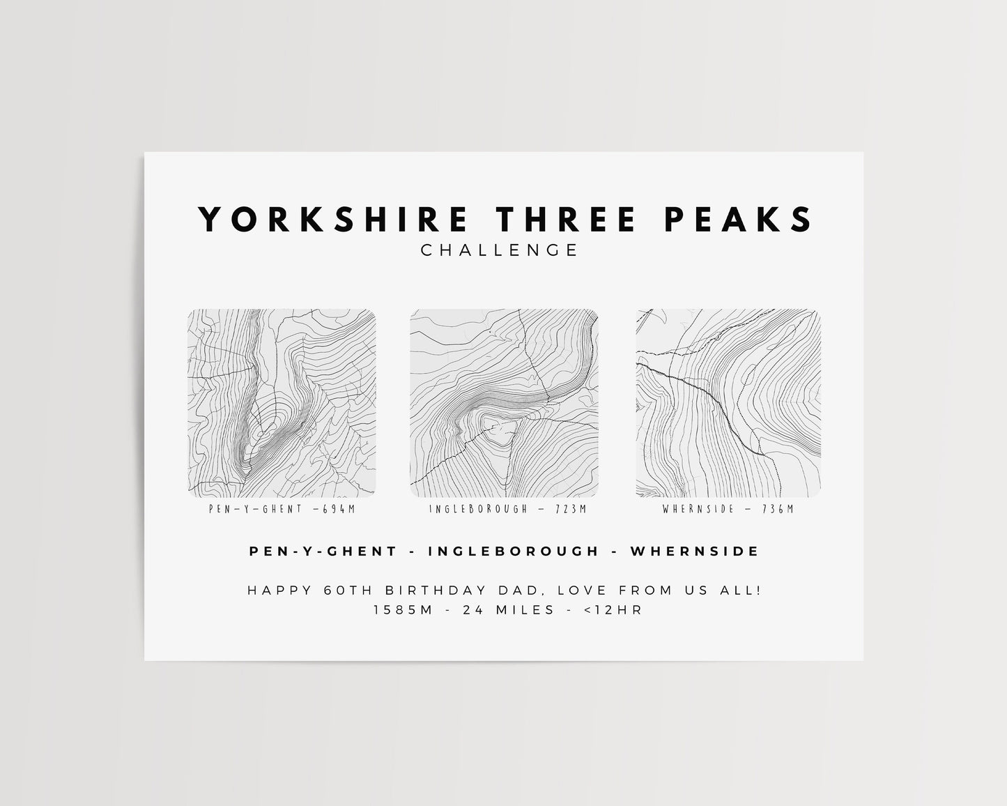 Yorkshire Three Peaks Challenge Print | Yorkshire 3 Peaks | Gift for Hiker | Minimalist Wall Art | Contour | Personalised Gift