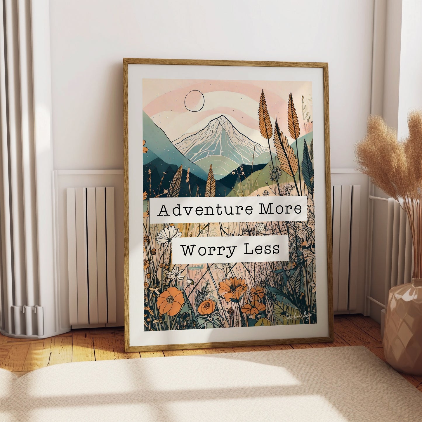 Adventure More Worry Less Retro Typography Print - Wildflowers, Pretty
