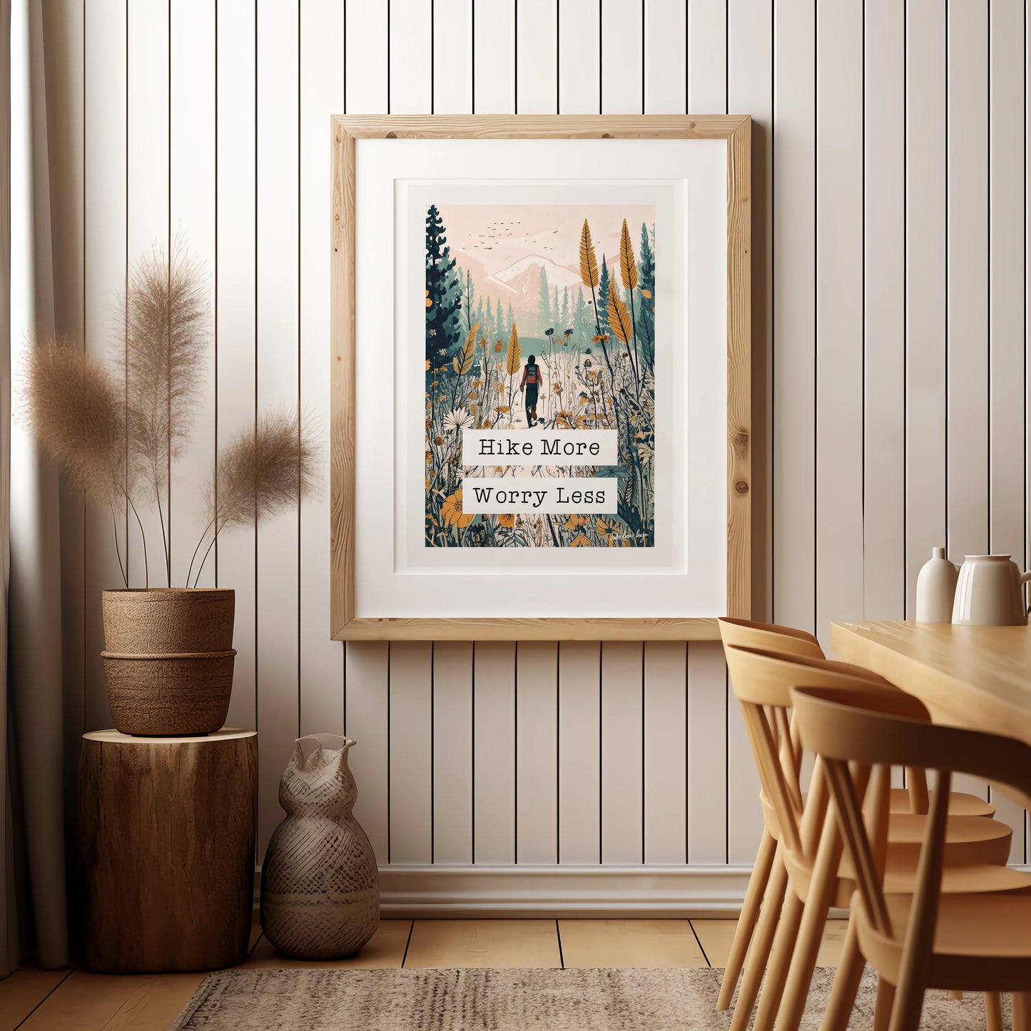 Hike More Worry Less Retro Typography Print - Wildflowers, Pretty
