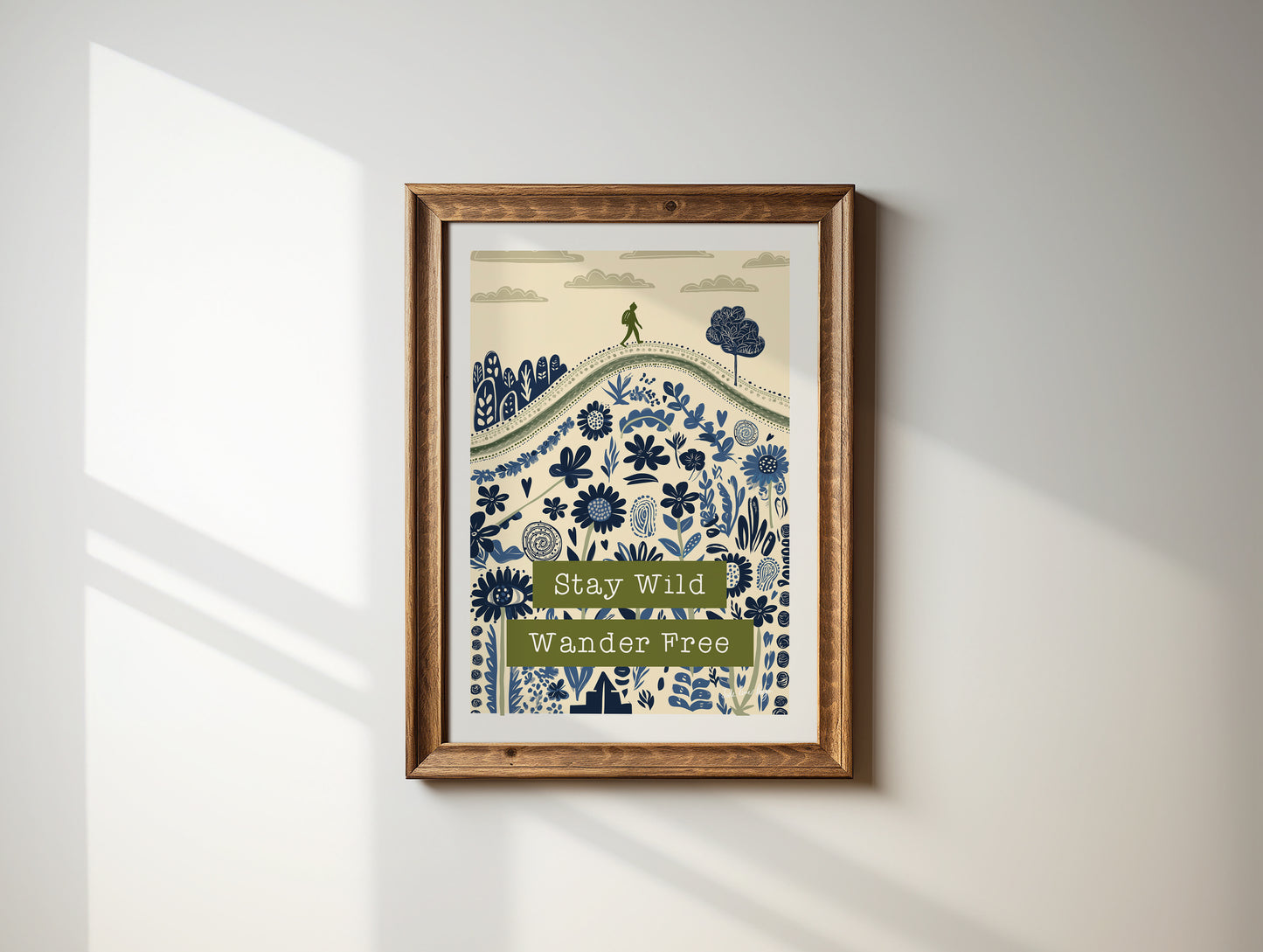 Stay Wild Wander Free – Folksy Boho Hiking Print | Wildflowers, Rolling Hills Wall Art | Blue & Green Nature Illustration