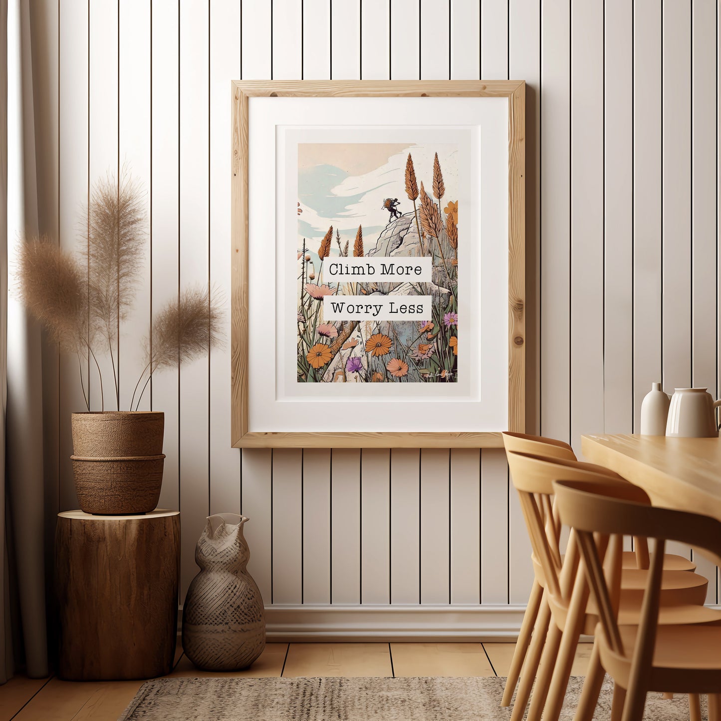 Climb More Worry Less Retro Typography Print - Wildflowers, Pretty