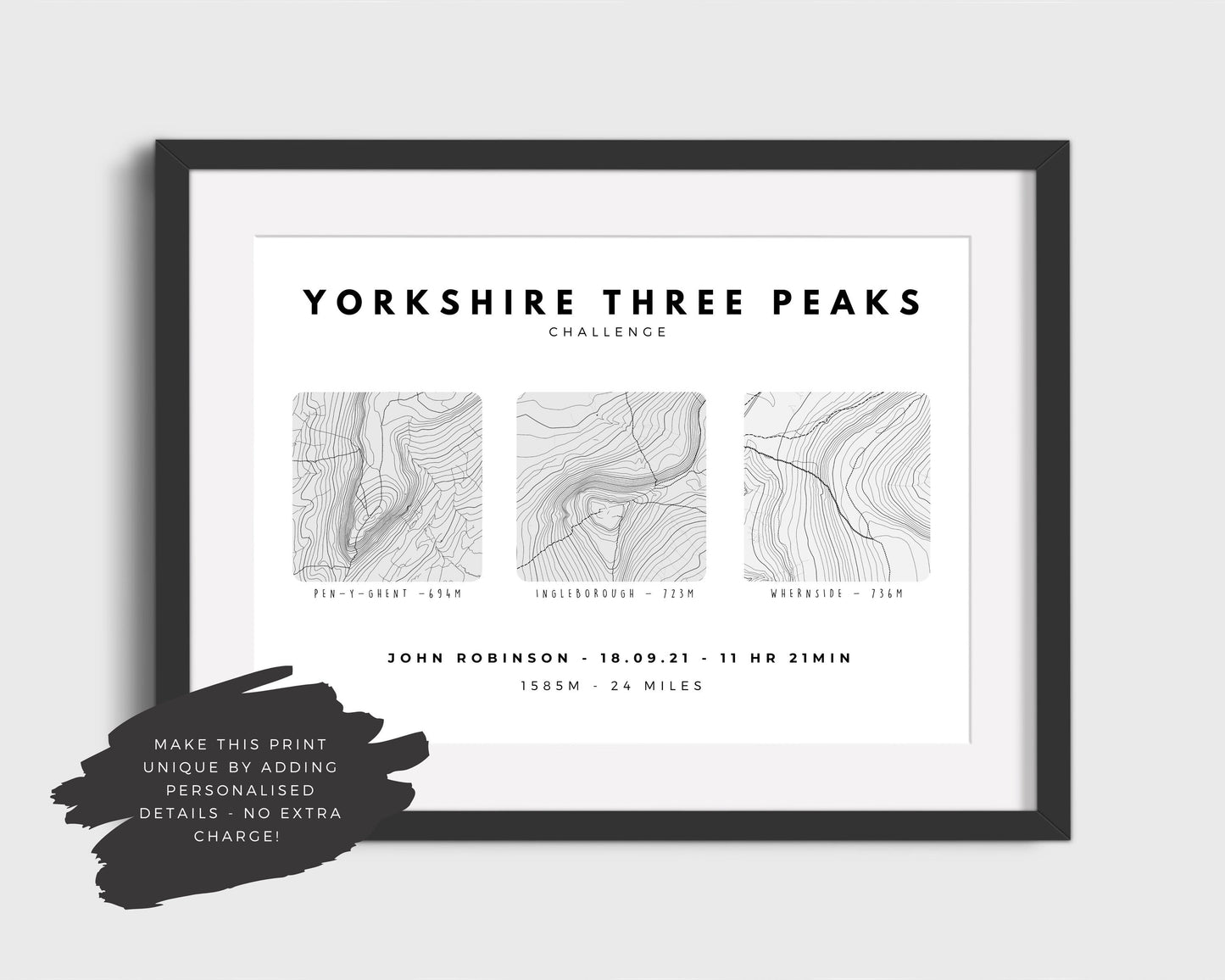 Yorkshire Three Peaks Challenge Print | Yorkshire 3 Peaks | Gift for Hiker | Minimalist Wall Art | Contour | Personalised Gift