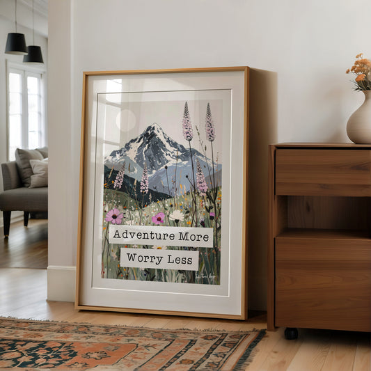 Adventure More Worry Less Retro Typography Print - Wildflowers, Pretty