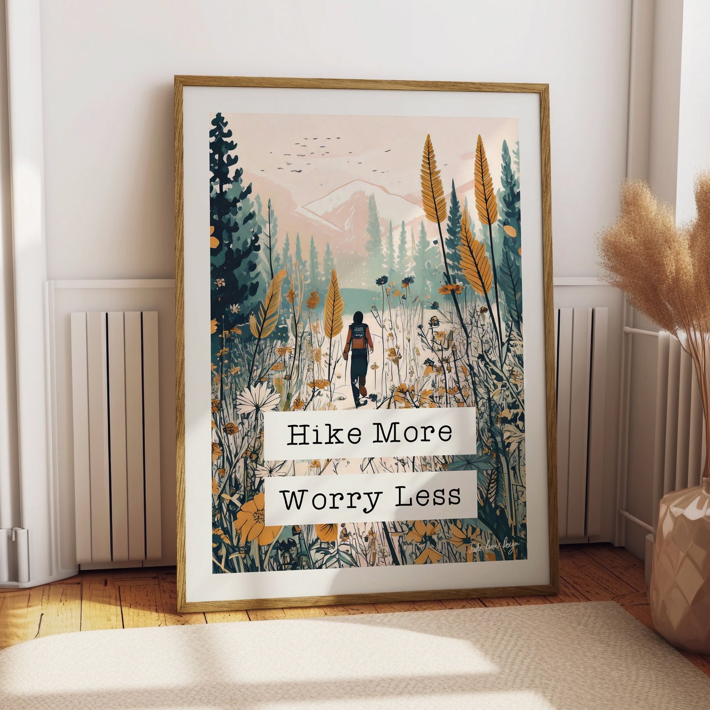 Hike More Worry Less Retro Typography Print - Wildflowers, Pretty