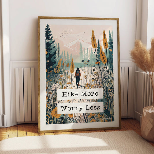 Hike More Worry Less Retro Typography Print - Wildflowers, Pretty