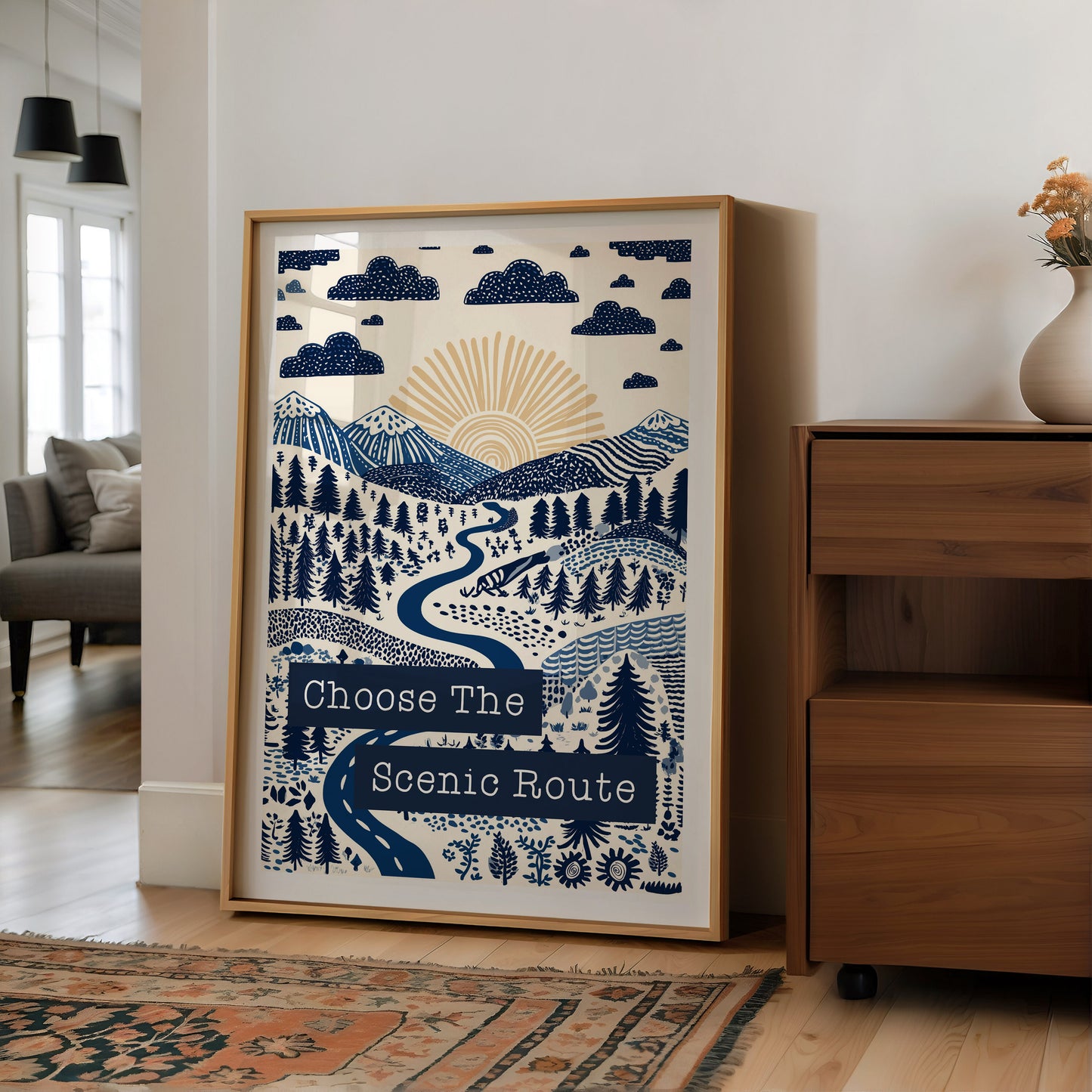 Choose The Scenic Route – Folksy Boho Hiking Print | Forest, Mountains Wall Art | Blue & Green Nature Illustration