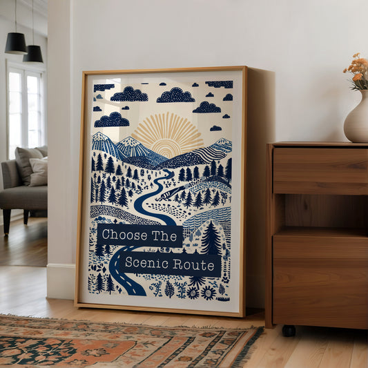 Choose The Scenic Route – Folksy Boho Hiking Print | Forest, Mountains Wall Art | Blue & Green Nature Illustration