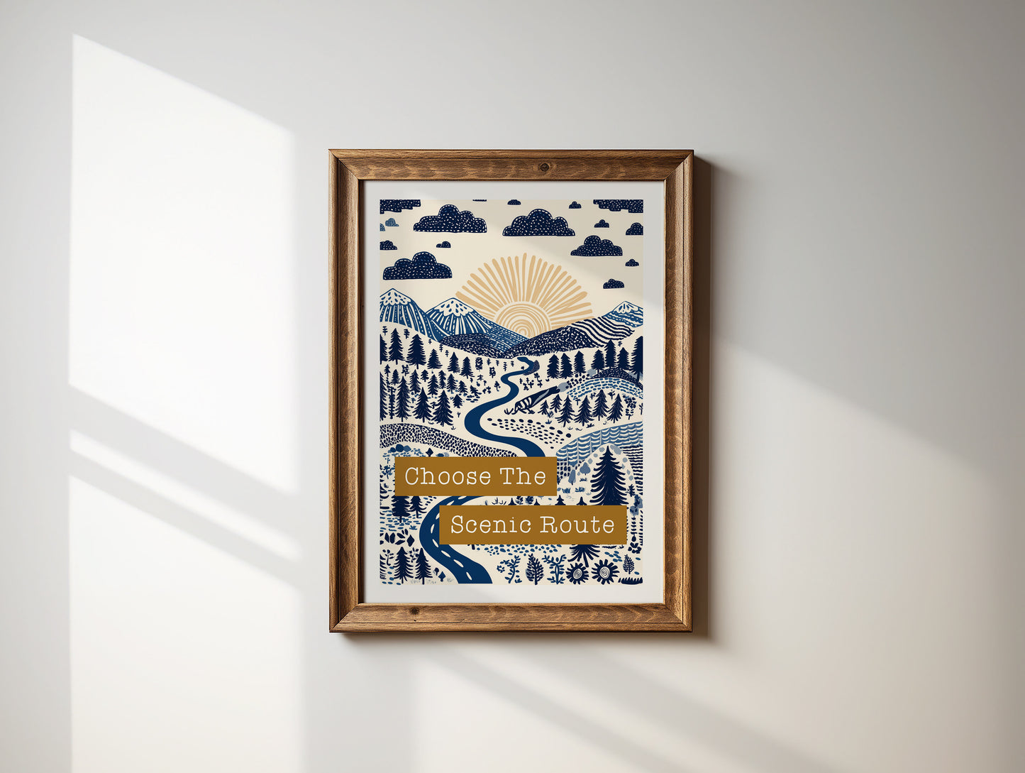 Choose The Scenic Route – Folksy Boho Hiking Print | Forest, Mountains Wall Art | Blue & Green Nature Illustration