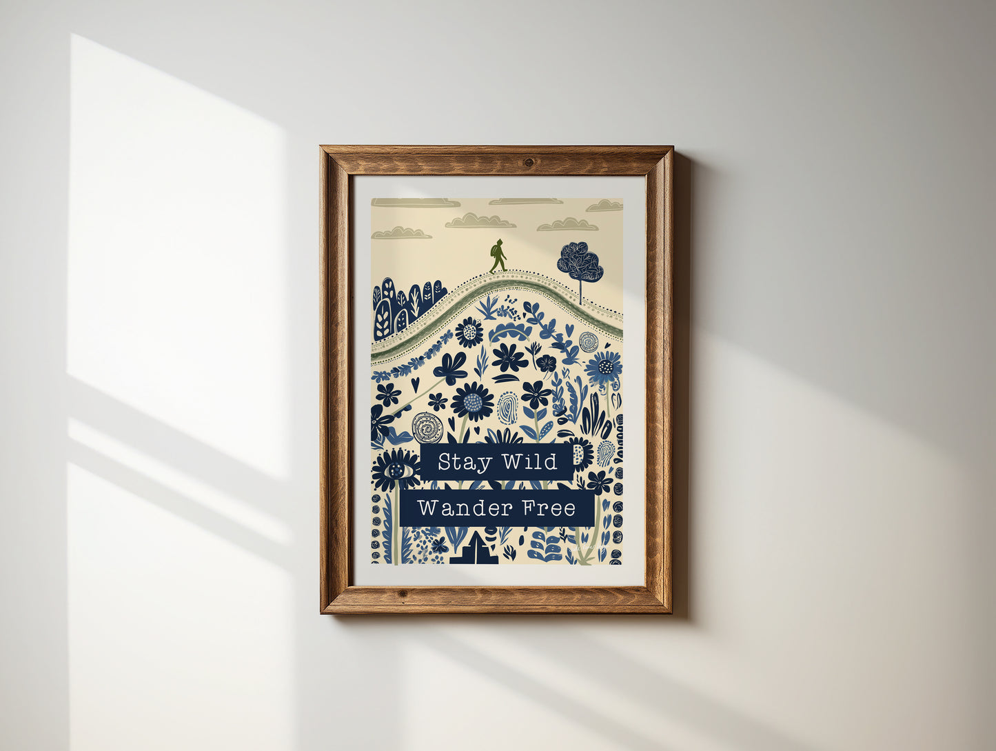 Stay Wild Wander Free – Folksy Boho Hiking Print | Wildflowers, Rolling Hills Wall Art | Blue & Green Nature Illustration