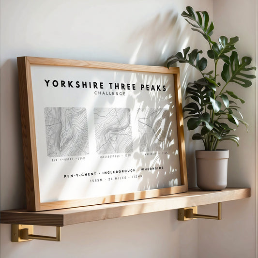 Yorkshire Three Peaks Challenge Print | Yorkshire 3 Peaks | Gift for Hiker | Minimalist Wall Art | Contour | Personalised Gift