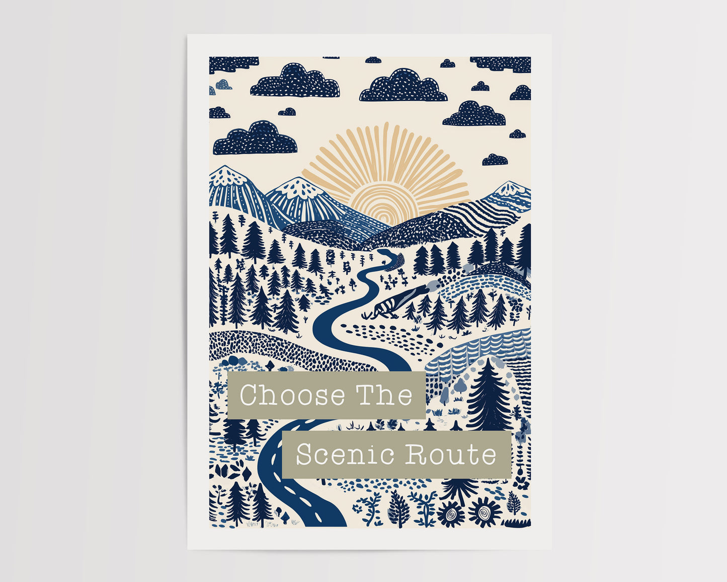 Choose The Scenic Route – Folksy Boho Hiking Print | Forest, Mountains Wall Art | Blue & Green Nature Illustration