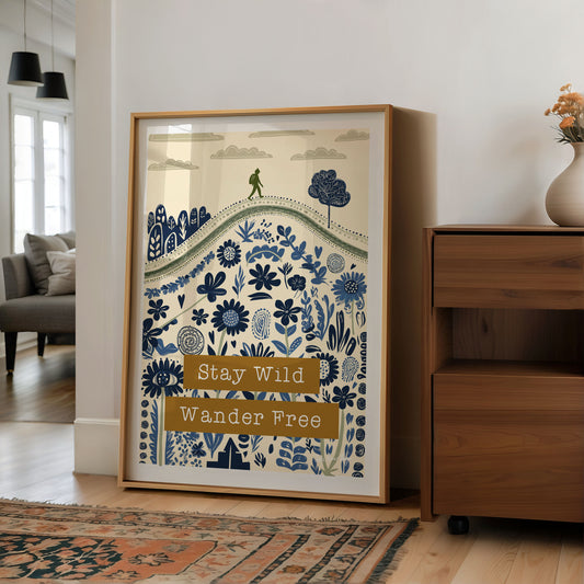 Stay Wild Wander Free – Folksy Boho Hiking Print | Wildflowers, Rolling Hills Wall Art | Blue & Green Nature Illustration